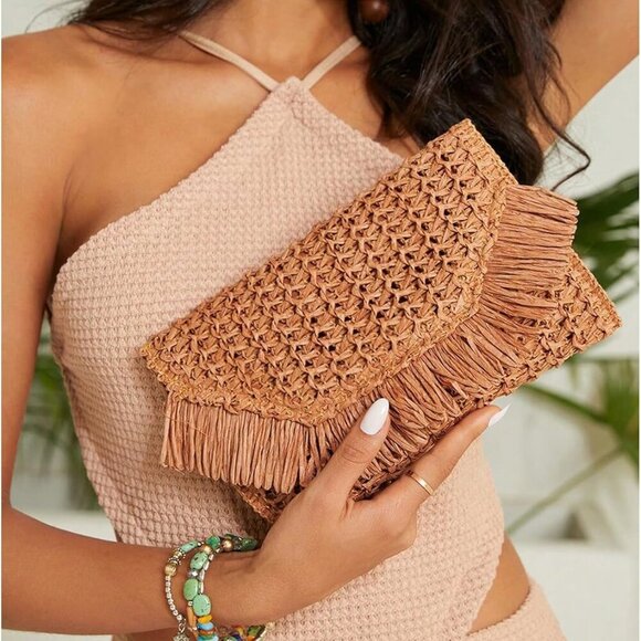 Women's Woven Straw Envelope Beach Clutch Handbag Fringe Trim Casual Bag - Picture 5 of 6